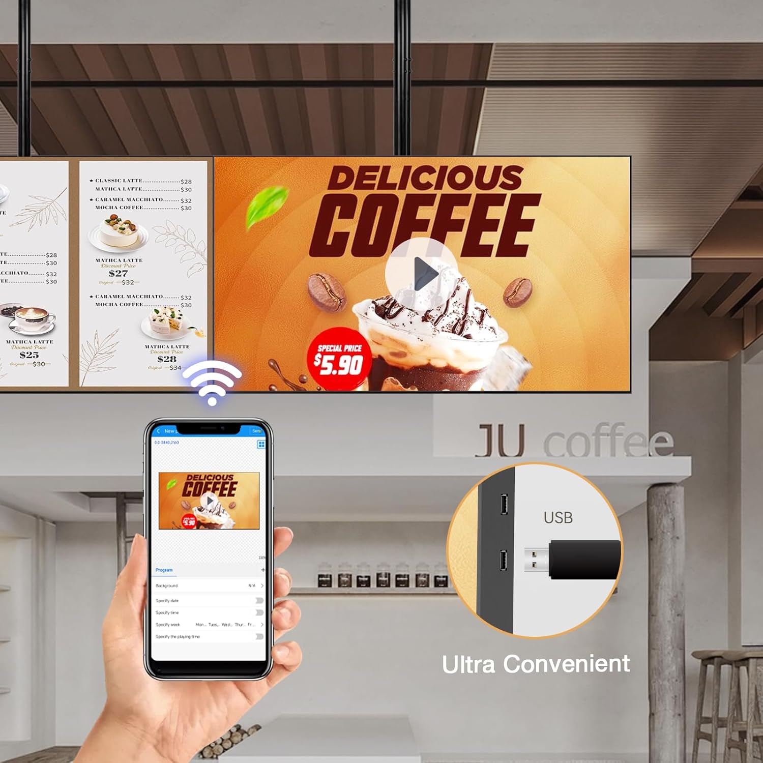 Fast food restaurant digital menu screen with combos