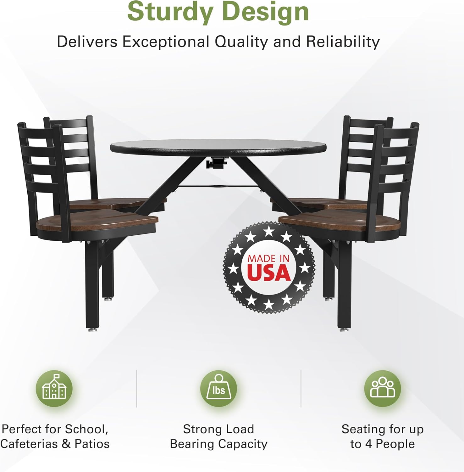 Side view of school cafeteria cluster table with swivel seats