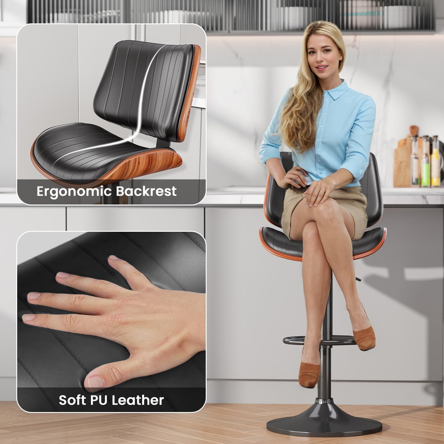 Modern Black Adjustable Bar Stool with PU Leather Upholstery