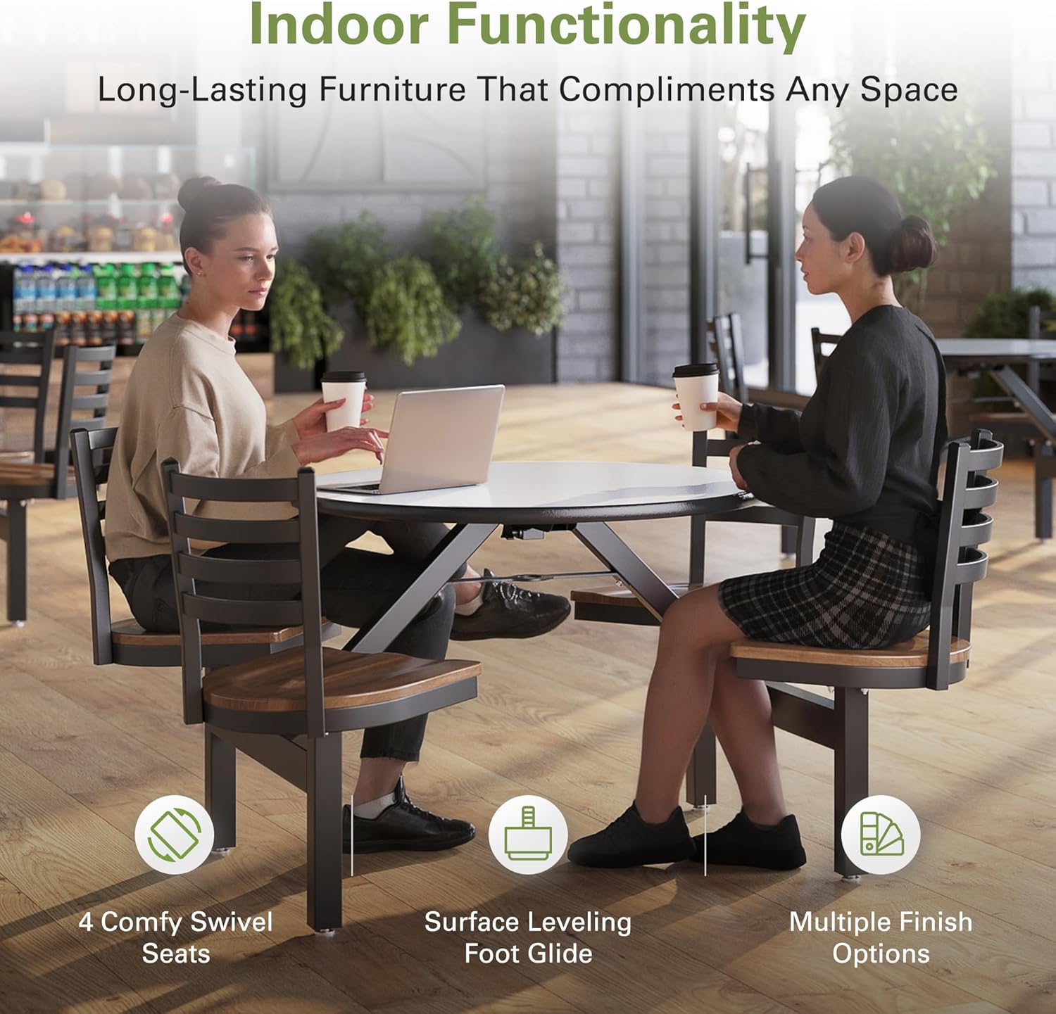 Close-up of commercial-grade laminate school cafeteria cluster table